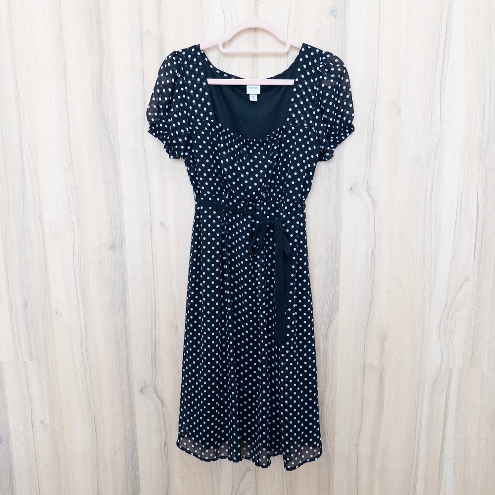 Womens Polka Dot Midi Dress M Black Puff Sleeve Tie Waist Chiffon Retro Parisian